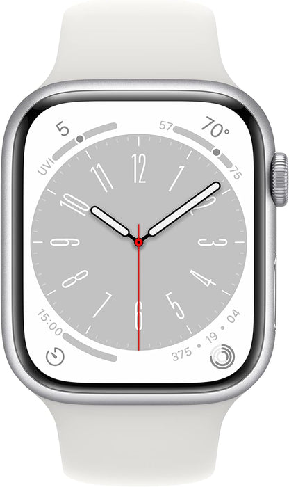 Apple Watch Series 8 [GPS 45mm] Smart Watch w/Silver Aluminum Case with White Sport Band - S/M. Fitness Tracker, Blood Oxygen & ECG Apps, Always-On Retina Display, Water Resistant