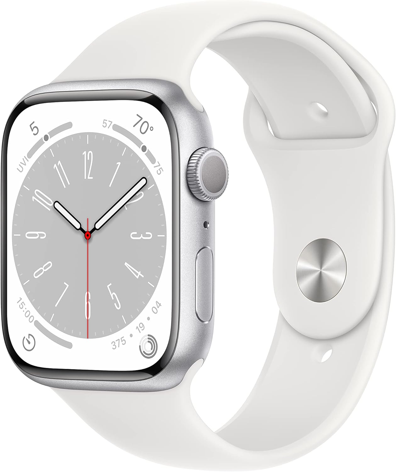 Apple Watch Series 8 [GPS 45mm] Smart Watch w/Silver Aluminum Case with White Sport Band - S/M. Fitness Tracker, Blood Oxygen & ECG Apps, Always-On Retina Display, Water Resistant